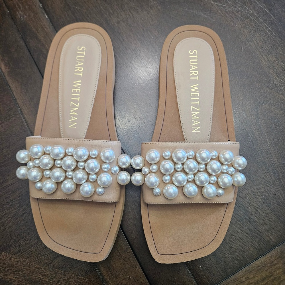 Stuart Weitzman Goldie Slide Sandals Size 7.5 Beige Pearl Square Toe Bridal Prep